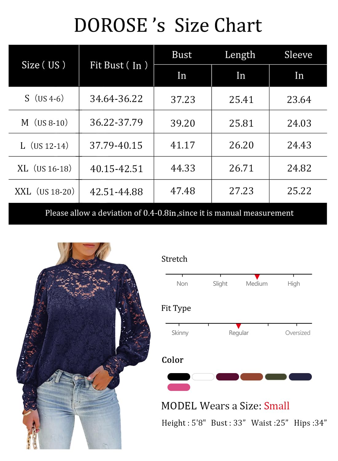 DOROSE Womens Long Sleeve Tops for Work Lace Turtle Neck Blouses Office Navy Blue S