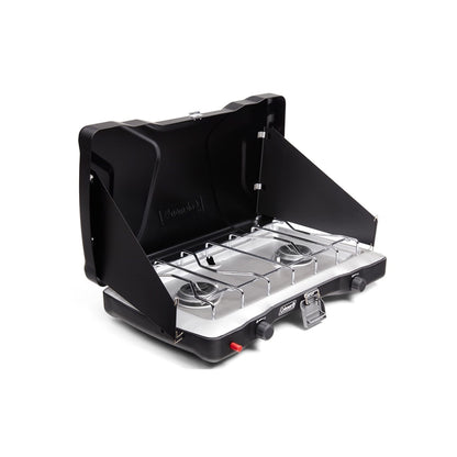 Coleman Triton+ Portable 2-Burner Propane Camping Stove 22000 Total BTUs Wind Guards Adjustable Burners Instant Push-Button Ignition Suitable for Backyard BBQs Beach Cookouts Tailgating