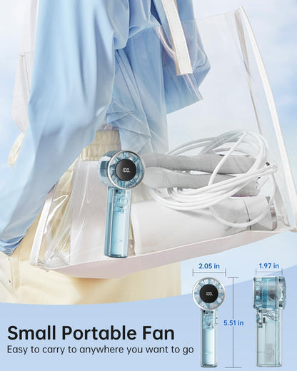 TriPole Transparent Portable Handheld Fan, High Speed 1-100 Adjustable Turbo Mini Fan, 4000mAh Battery USB Rechargeable with Digital Display, Max 20H Cooling Time Outdoor Travel Beach Essentials, Blue