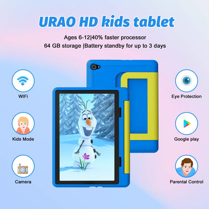 URAO Kids Tablet, Android 14 Tablet for Kids 10 inch Octa-Core with Case, 64GB 1TB TF Card Expandable for Toddler Children, Parental Control, Dual Camera, WiFi,Gift