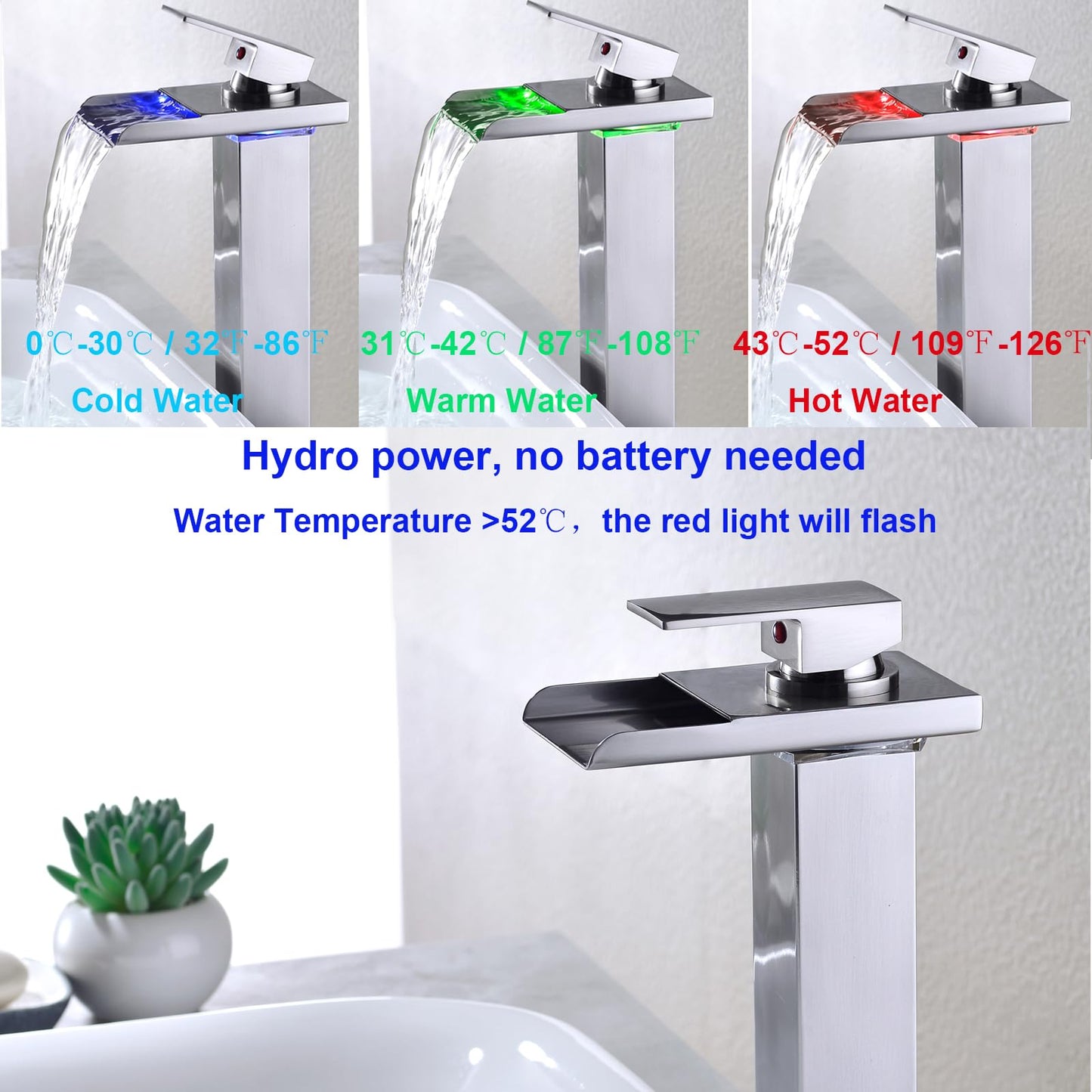 Kmeino LED Bathroom Faucet, Brushed Nickel Bathroom Sink Tall Faucet 1 Hole Waterfall Vessel with 3 Color Changing Single Handle Brass