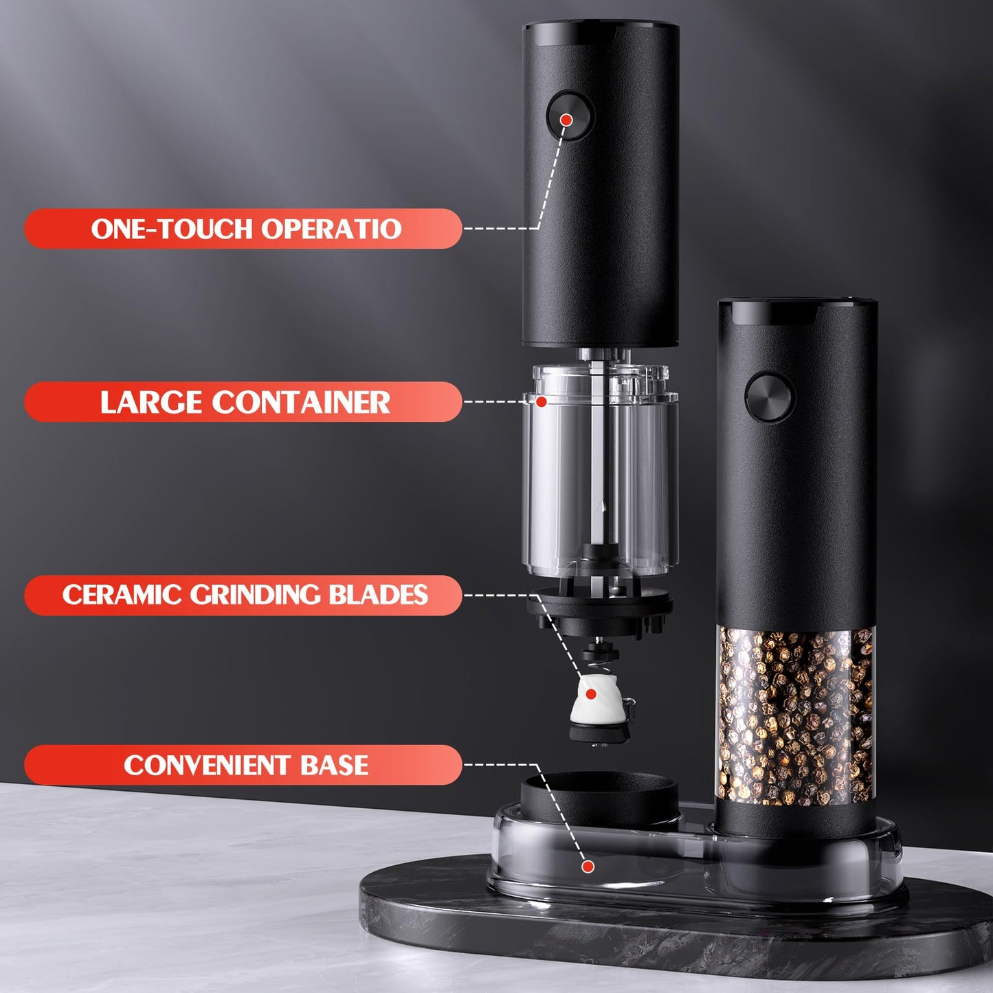 Electric Salt and Pepper Grinder Set Automatic Battery Pepper Mill Shakers Adjustable Coarseness Easy Filling Upgraded Larger Capacity with Led Kitchen Appliances (2 Pack Black/Black）