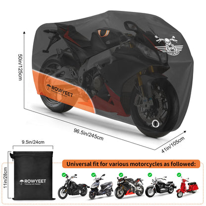 ROWYEET Motorcycle Cover Waterproof Outdoor Storage with Lock-Holes, Zipper Storage Bag & Night Reflective Design, All Season Protection Powersports Vehicle Covers Fits up to 96.5" Motorcycles