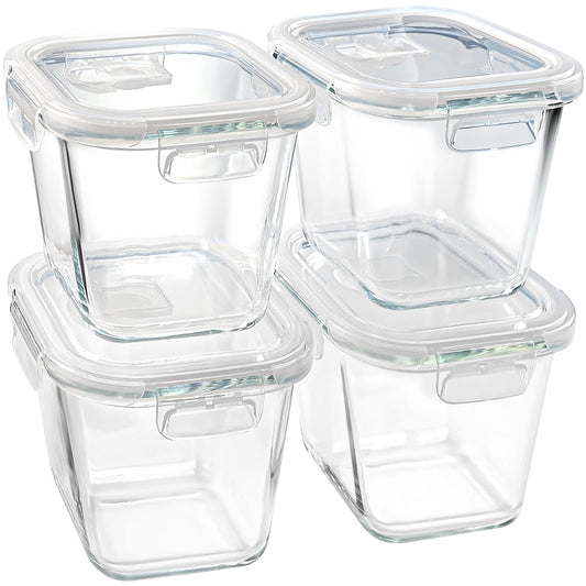 Soup Containers with Lids Glass 32 oz, 4 Cup Borosilicate Glass Food Storage Containers, Microwave & Freezer Safe Jars, Small Square Meal Prep Bowl for Salad, Fruit, Lunch, Ice Cream, Travel, 4 Pack