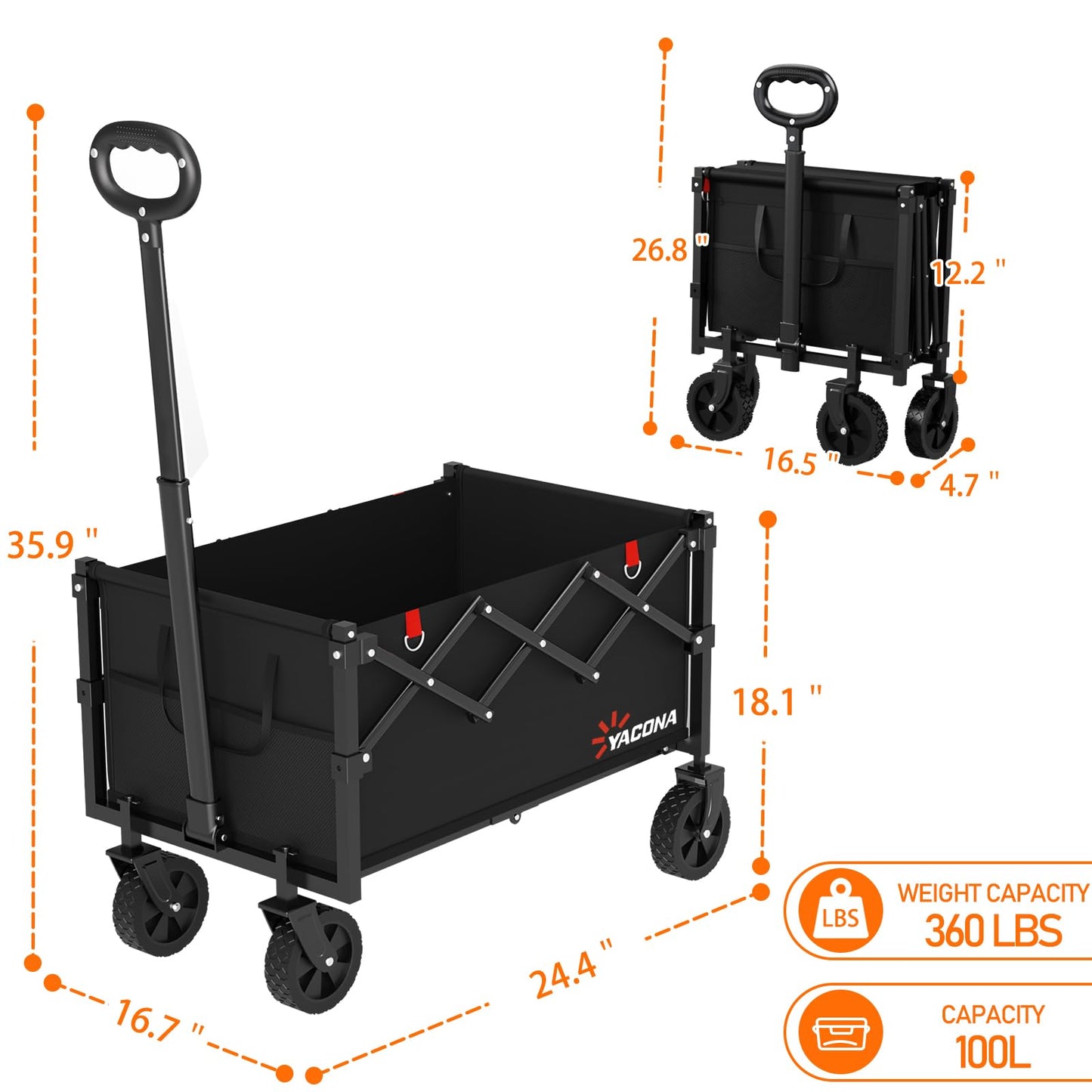 YACONA Wagons Carts Foldable, Lightweight Portable Utility Shopping Cart with Wheels, Folding Grocery Wagon Cart for Grocery, Camping, Shopping, Beach, Garden, Sports Black