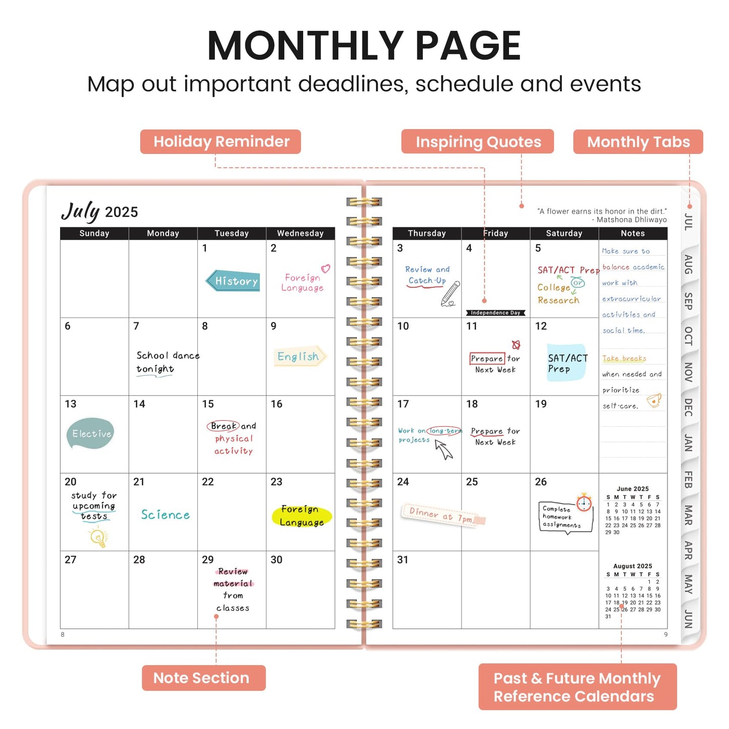 Academic Planner 2025-2026 For Women & Men, Monthly and Weekly Calendar Planner, Jul 2025 - Jun 2026, A5 (6.3" x 8.5"), Teacher Student Planning Book with Tabs, Ideal for Office School Supplies - Pink