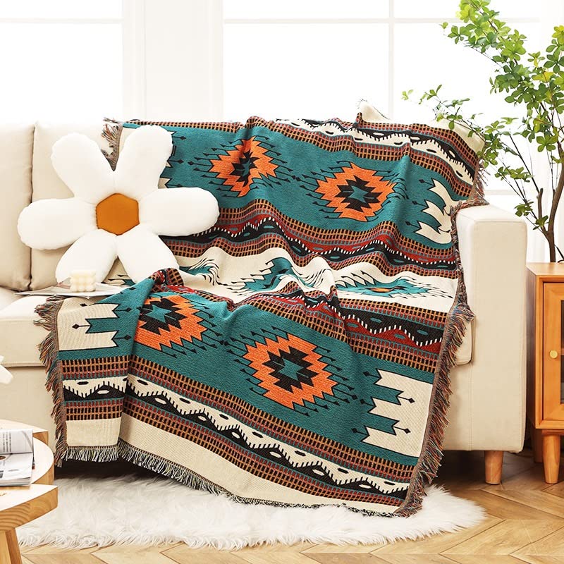 Homesy Boho Throw Blankets Southwestern Bed Throws Cover Reversible Green Aztec Southwest Blanket for Couch Chair Sofa Home Outdoor Beach Car Tent Travel Camping 51"x63"