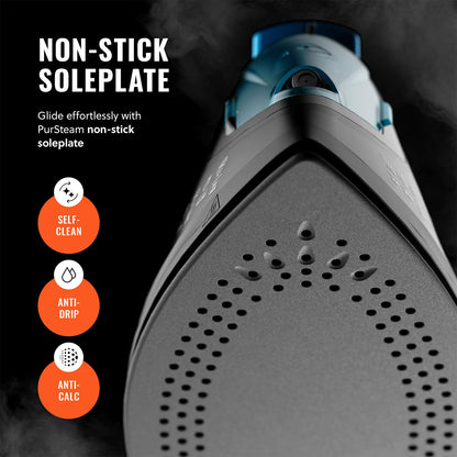 PurSteam Professional 1250W Steam Iron | Powerful Steamer with Burst of Steam & Spray | Non-Stick Soleplate, Easy Temperature Control & Auto Shut-Off