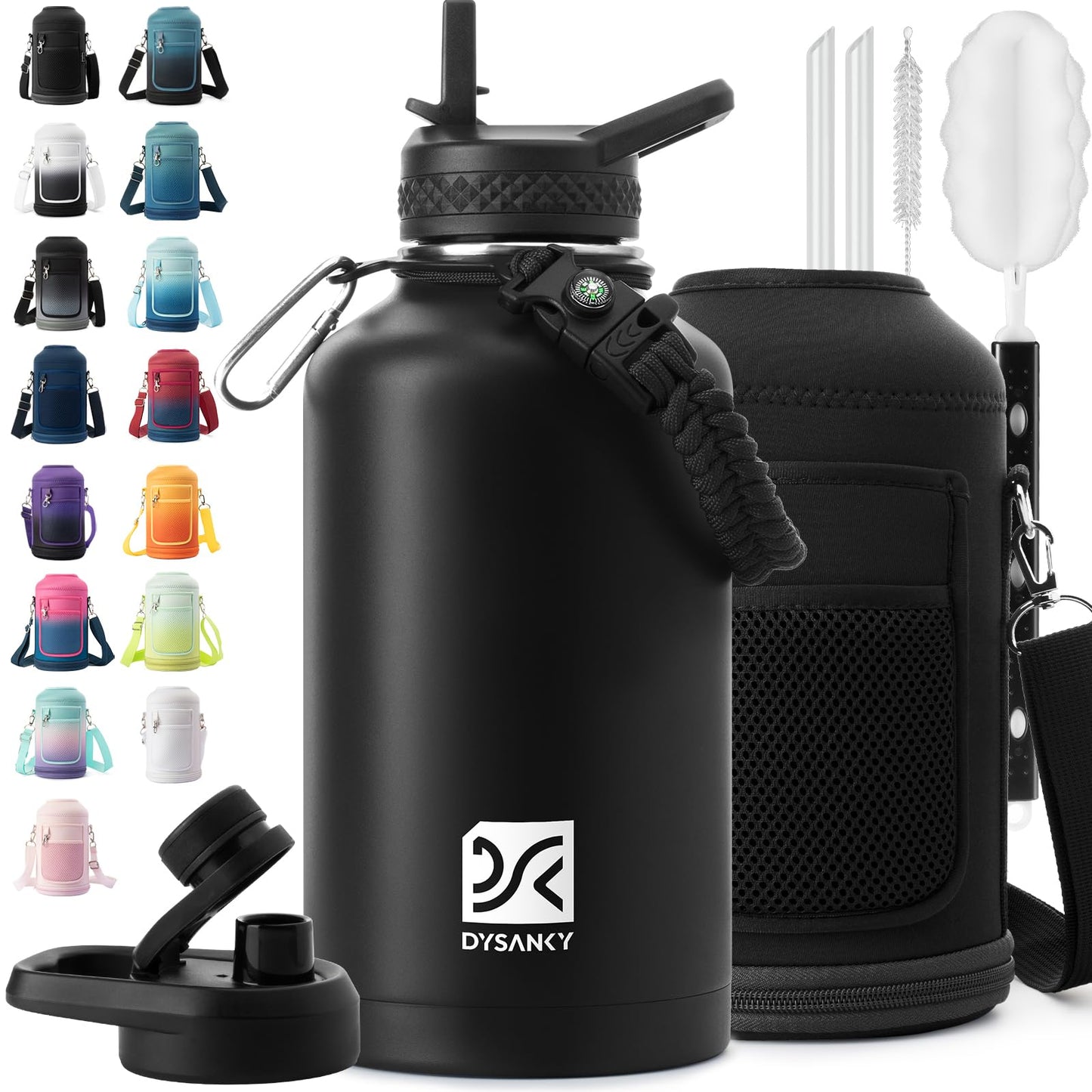 Insulated Water Bottle | Thickened Stainless Steel Vacuum Metal Thermos | Portable Sports Half Gallon Large Water Jug for Gym and Hiking with Straw, Carrier Bag, Handle Strap | BPA-Free 64 oz