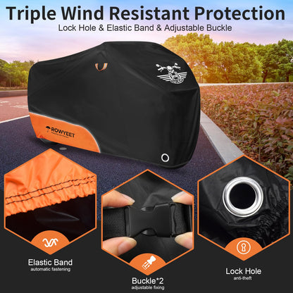ROWYEET Motorcycle Cover Waterproof Outdoor Storage with Lock-Holes, Zipper Storage Bag & Night Reflective Design, All Season Protection Powersports Vehicle Covers Fits up to 96.5" Motorcycles