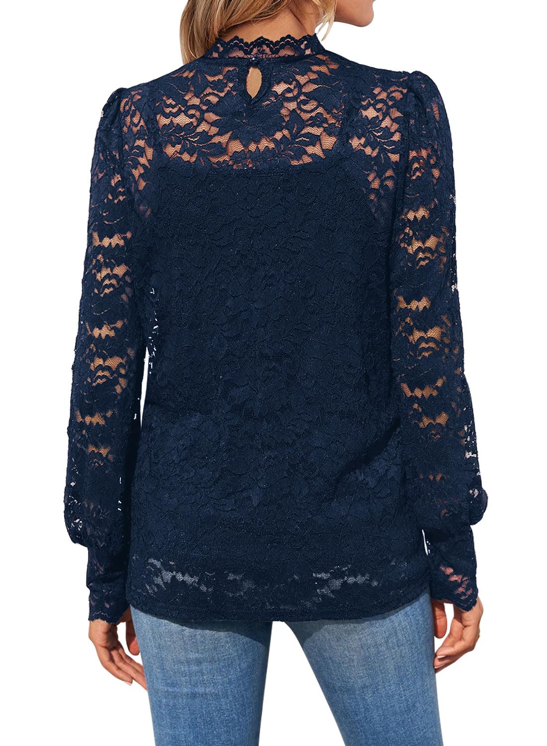 DOROSE Womens Long Sleeve Tops for Work Lace Turtle Neck Blouses Office Navy Blue S
