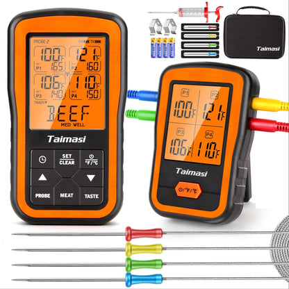 Wireless Digital Meat Thermometer with 4 Probes & Meat Injector, Upgraded 500FT Remote Range Cooking Food Thermometer for Grilling & BBQ & Oven & Kitchen, LCD