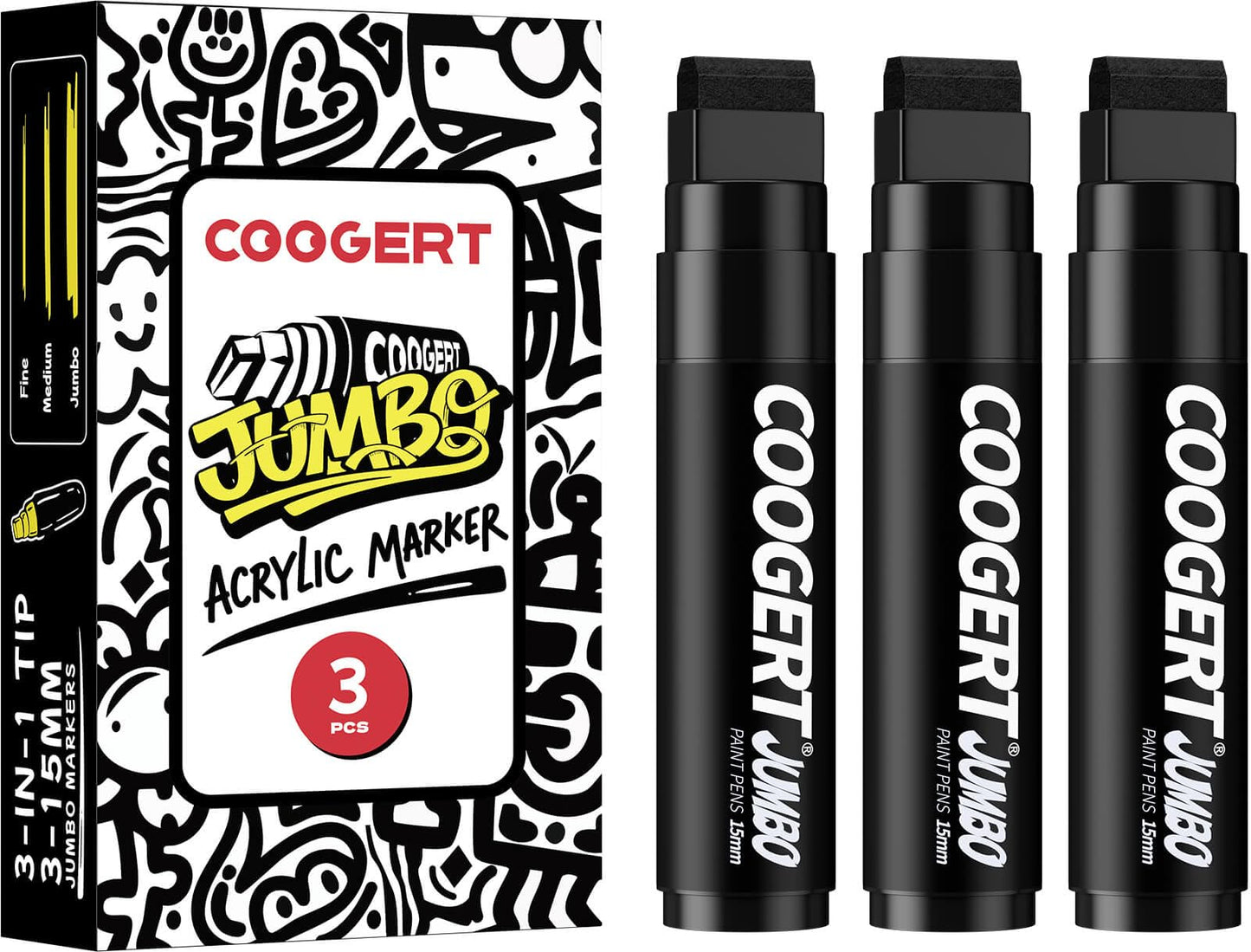 Coogert 3Pcs Black Jumbo Poster Markers, 15MM Thick Permanent Acrylic Graffiti Markers, Wide Tip Paint Marker for Canvas, Posters Board, Fabric, Window, Glass, Wood, Teachers,Banner painting supplie