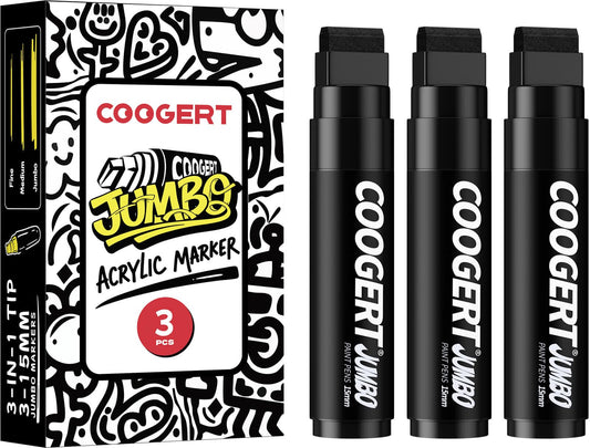 Coogert 3Pcs Black Jumbo Poster Markers, 15MM Thick Permanent Acrylic Graffiti Markers, Wide Tip Paint Marker for Canvas, Posters Board, Fabric, Window, Glass, Wood, Teachers,Banner painting supplie