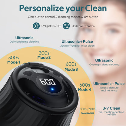 KINTLE Ultrasonic Retainer Cleaner Machine- 45kHz Denture Cleaner, 200ML Dental Cleaning Pod for Aligners, Mouth Night Guards, Toothbrush Heads & Jewelry, 4 Cleaning Modes, Digital Timer, Black