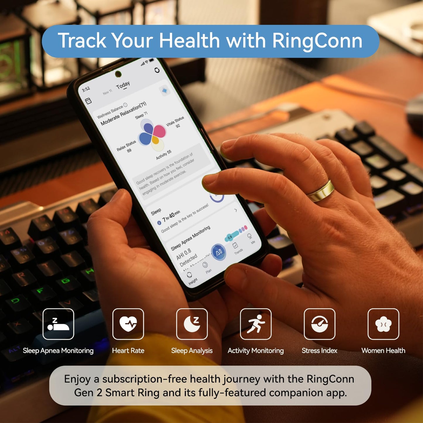 RingConn Gen 2, Smart Ring with Sleep Apnea Monitoring, 12-Day Battery Life, Stress/Heart Rate/Women's Health Tracker, Android & iOS Compatible (Gold, Size 8)