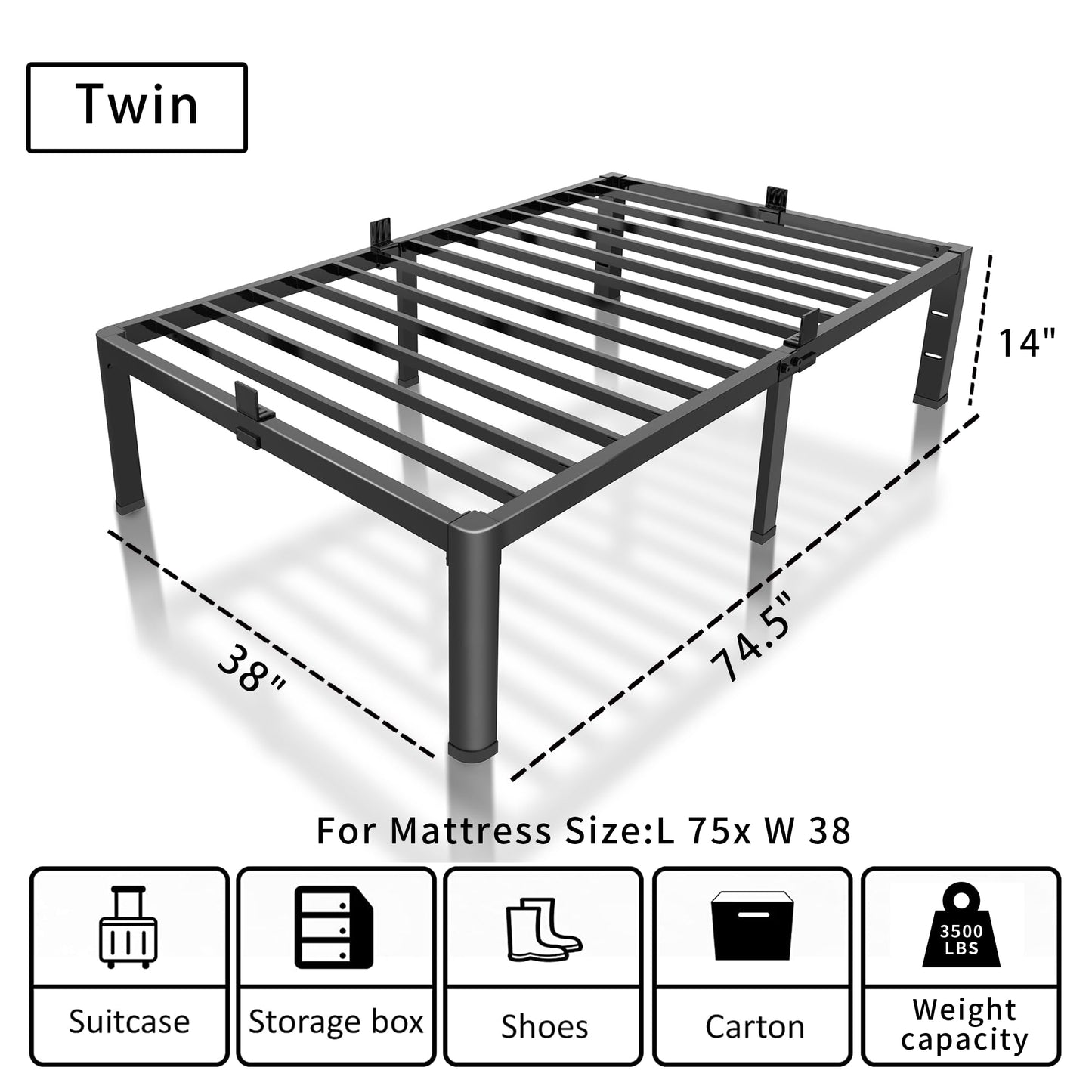 ROIL 14 inch Twin Bed Frames with Headboard Hole and Round Corner Legs Mattress Retainers 3500LBS Heavy Duty Steel Slats No Box Spring Needed Platform Noise-Free Easy Assembly