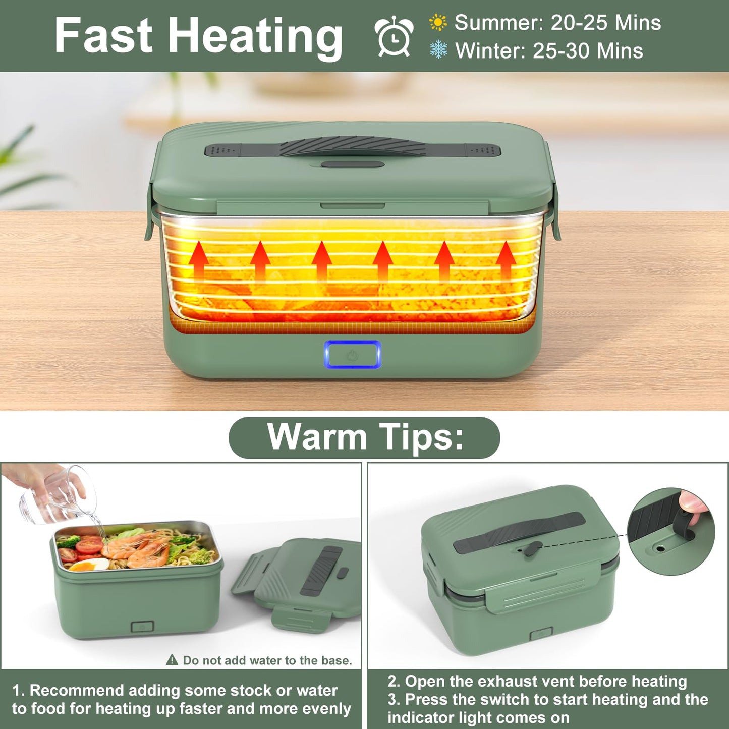 Vabaso Electric Heated Lunch Box for Adults, 100W Portable Food Warmer for Car/Truck Home/Work, Heating Lunchbox with 1.8L/61oz Stainless Steel Container, 12V/24V/110V