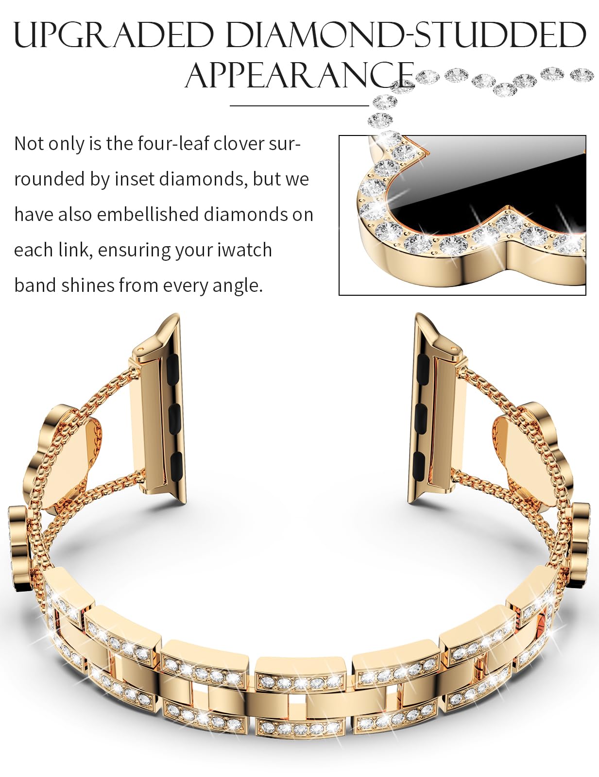 CTYBB Bling Diamond Band Compatible with Apple Watch Bands for Women 40mm 41mm 38mm 42mm Series 11 10 9 8 7 6 5 4 SE 3 2 1, Sparkle Metal Bracelet Wristband, Cute Lucky Clover Dressy iWatch Band,Gold/Black