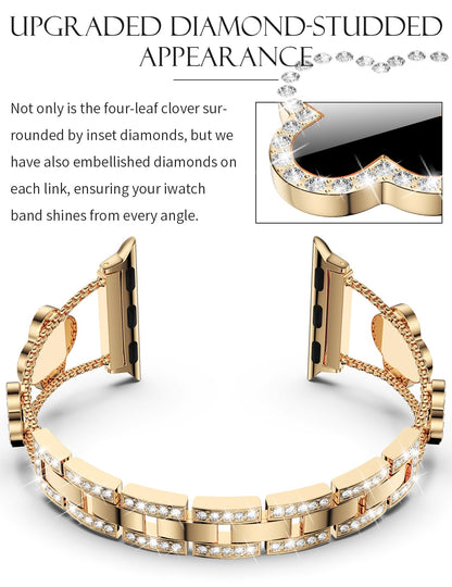 CTYBB Bling Diamond Band Compatible with Apple Watch Bands for Women 40mm 41mm 38mm 42mm Series 11 10 9 8 7 6 5 4 SE 3 2 1, Sparkle Metal Bracelet Wristband, Cute Lucky Clover Dressy iWatch Band,Gold/Black