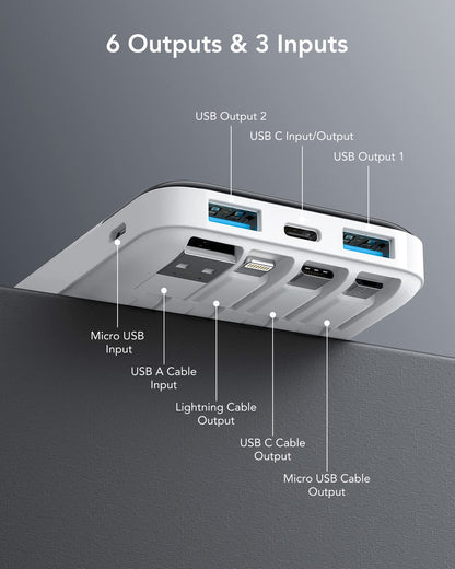 Portable Charger with Built in Cables, Portable Charger with Cords Wires Slim 10000mAh Travel Battery Pack 6 Outputs 3 Inputs 3A Fast Charging Power Bank for Samsung Google Pixel LG Moto iPhone iPad