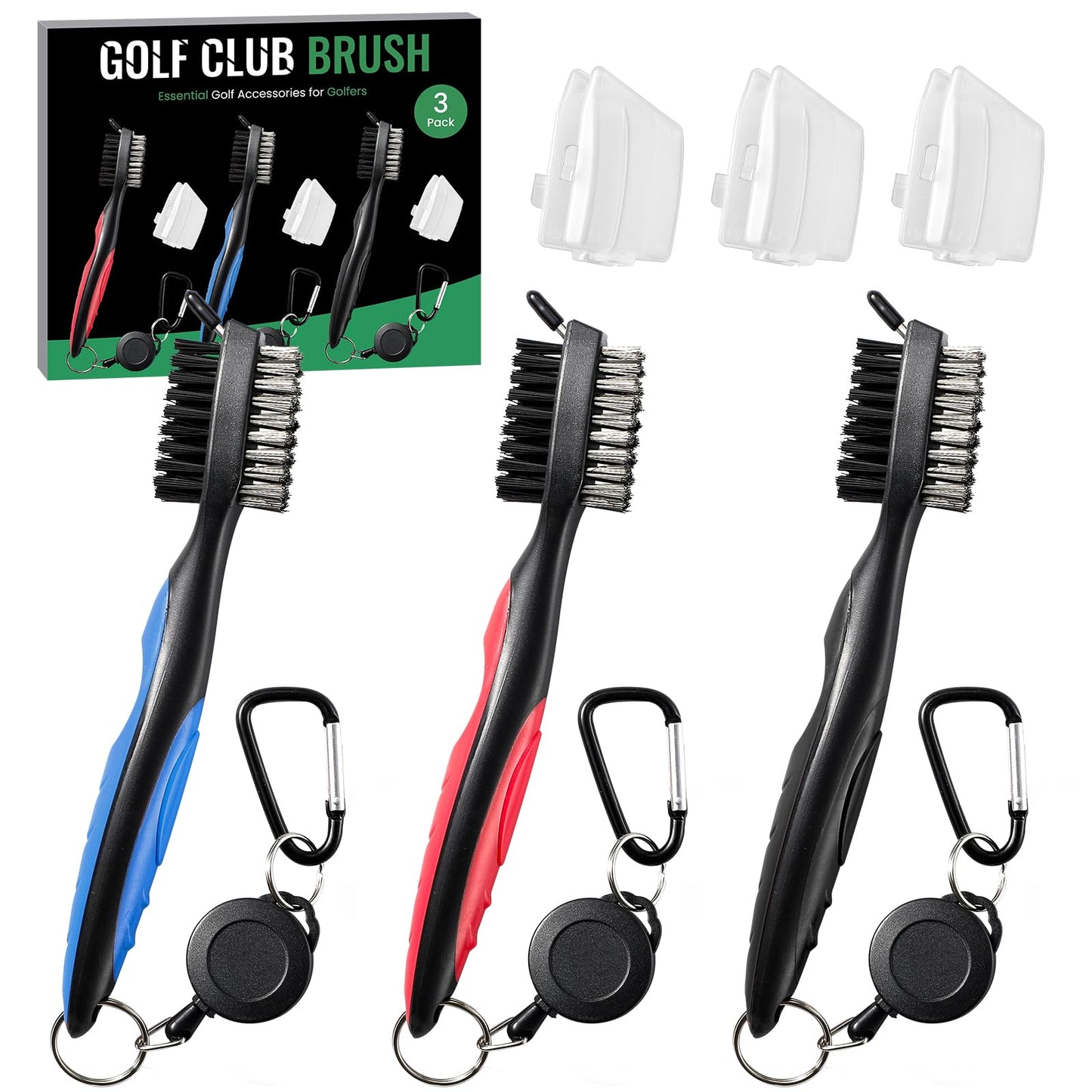 3 Pack Golf Club Brush and Club Groove Cleaner with Retractable Zip-line and Aluminum Carabiner Cleaning Tools , Golf Accessories, Golf Gifts for Men , Golf Ball Cleaner, Easily Attaches to Golf Bag