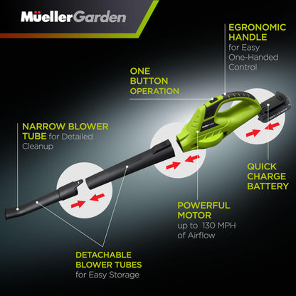 Mueller UltraStorm Cordless Leaf Blower, 140 MPH 20 V Powerful Motor, Electric Leaf Blower for Lawn Care, Battery Powered Leaf Blower for Snow Blowing High Capacity Battery & Charger Green