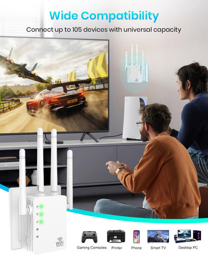 WiFi Extender, WiFi Extender Signal Booster Dual-Band(5.8G&2.4G) Coverage to 12880 sq. ft & 105 Devices, 1-Tap Setup, Supports Ethernet Port, Faster Speed, Compatible with Multiple Devices