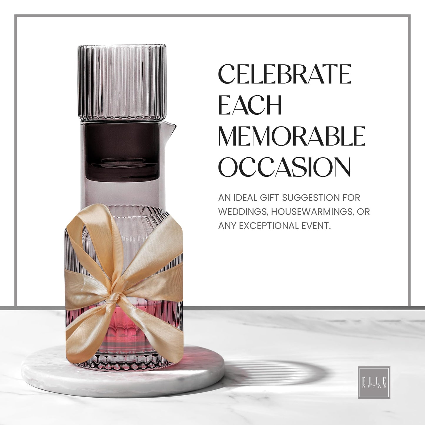 elle decor Gray Ribbed 2 Pc Carafe Set | Bedside Night Water Carafe | Glass Pitcher and Cup that Doubles as a Lid | Glass Tumbler Perfect for Storing Water, Juice, and Other Drinks on Desktop/Shelf