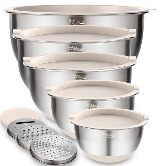 Wildone Mixing Bowls with Lids Set, 5PCS Stainless Steel Khaki Nesting Bowls with 3 Grater Attachments, Measurement Marks & Non-Slip Bottoms, Size 5, 3, 2, 1.5, 0.63 QT, Great for Mixing & Serving