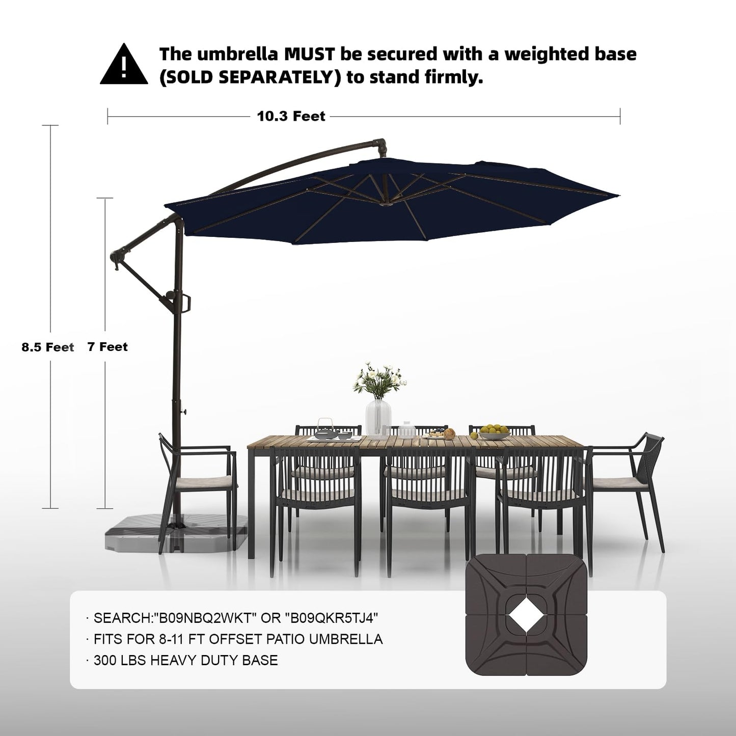 wikiwiki 10ft Patio Umbrellas Offset Outdoor Umbrella Cantilever hanging Umbrellas w/Infinite Tilt, Fade Resistant Waterproof RECYCLED FABRIC Canopy & Cross Base, for Yard, Garden & Deck, Navy Blue