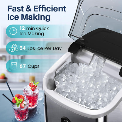 FREE VILLAGE Nugget Ice Maker Countertop, Pebble Ice Maker Machine with Soft Chewable Ice, 34lbs/24H, Self-Cleaning, One-Click Operation, Stainless Steel, Crushed Ice Maker for Home Kitchen Office