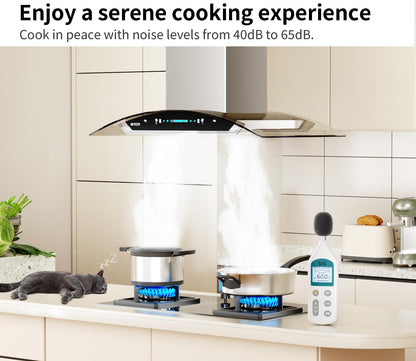 IKTCH Upgrated 30 inch Island Mount Range Hood, 900 CFM Ducted Range Hood with 4 Speed Fan, Stainless Steel& Tempered Glass with Gesture Sensing&Touch Control Making life Smarter IKIS01-30