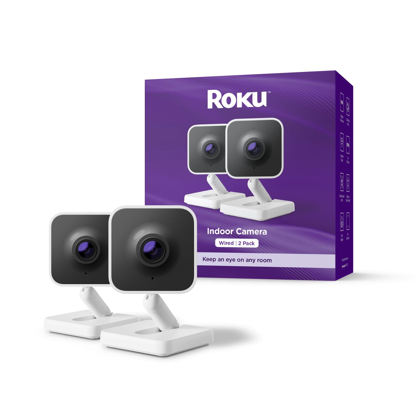 Roku New Indoor Camera 2024 - Home Security - 2-Pack - Wired Security Camera & Pet Monitor with 1080p HD Color Night Vision, Works with Alexa & Google, Motion & Sound Detection, WDR & WiFi 6