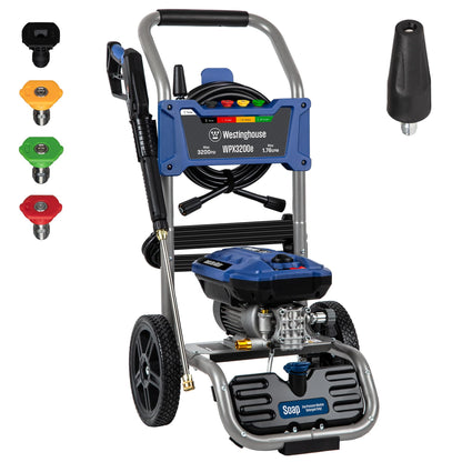 Westinghouse WPX3200e Electric Pressure Washer, 3200 PSI and 1.76 Max GPM, Induction Motor, Onboard Soap Tank, Spray Gun and Wand, 5 Nozzle Set, for Cars/Fences/Driveways/Homes/Patios/Furniture, Blue