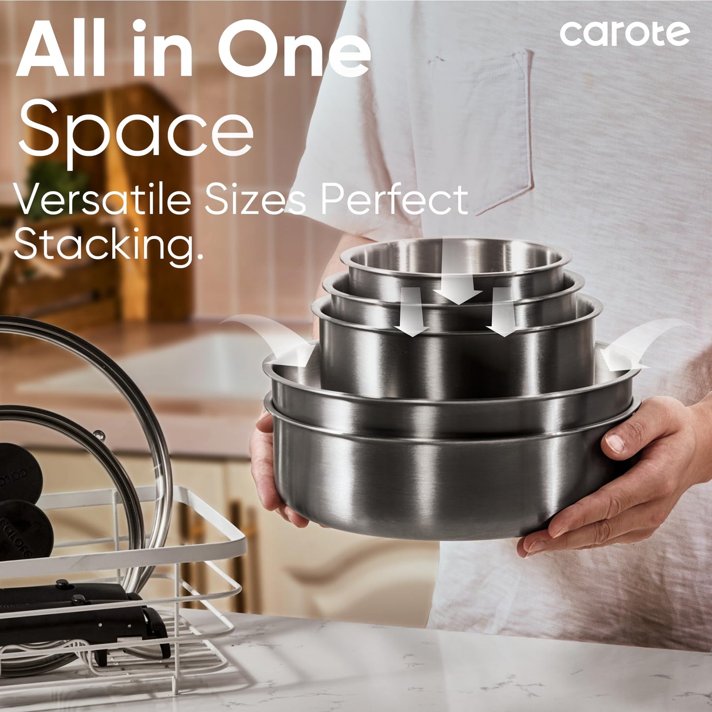 CAROTE Pots and Pans Set, Tri- Ply Stainless Steel Cookware Set Detachable Handle, 9pcs Induction Kitchen Cookware Sets with Removable Handle, RV Cookware Set, Oven Safe