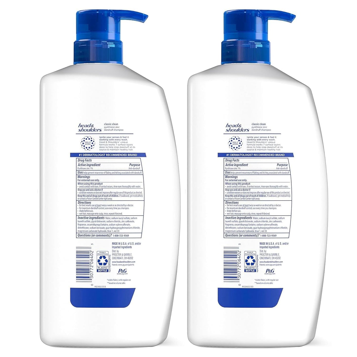 Head & Shoulders Anti-Dandruff Shampoo with 1% Pyrithione Zinc, Classic Clean Shampoo Twin Pack, Daily Use, Flake Control, Scalp Care, Color-Safe, Deep Clean, 32.1 fl oz Each