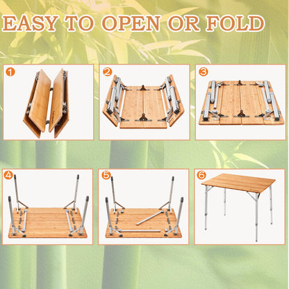 KingCamp Bamboo Folding Table Environmental Camping Table with Adjustable Height Aluminum Legs Heavy Duty 4-Folds Portable Camp Tables for Travel, Picnic, Party, Beach, 1-2 People