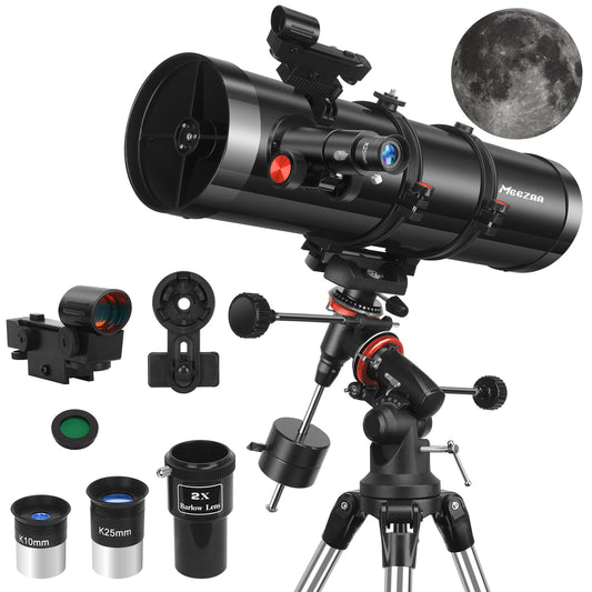 MEEZAA Telescope, 150EQ Reflector Telescope for Adults Astronomy Beginners, Manual Equatorial Professional Telescopes Astronomy with 2X Barlow Lens, Phone Adapter, Adjustable Tripod and Moon Filter