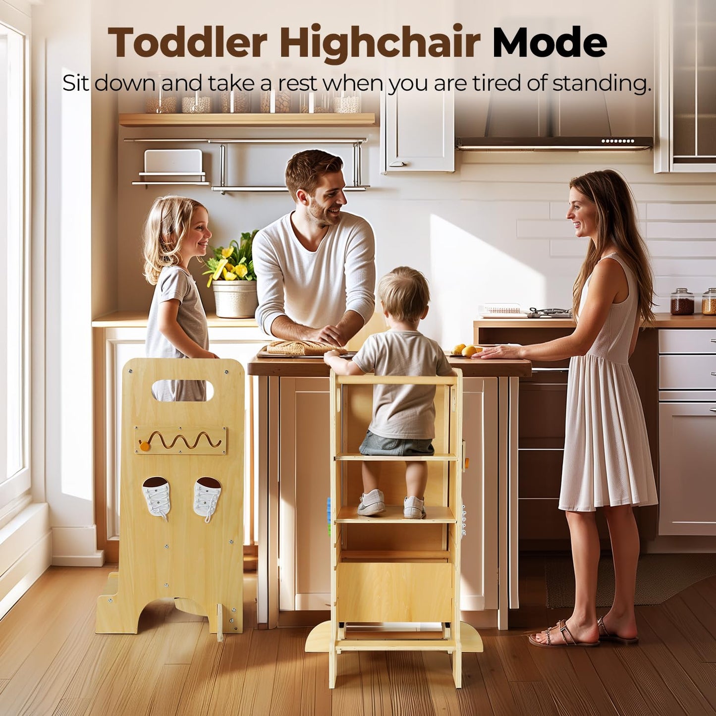 JUZBOT Toddler Tower 4 in 1 Toddler Kitchen Stool Helper Adjustable Standing Tower for Kitchen Counter with Safety Board, Slide, Chalkboard, Montessori Activities