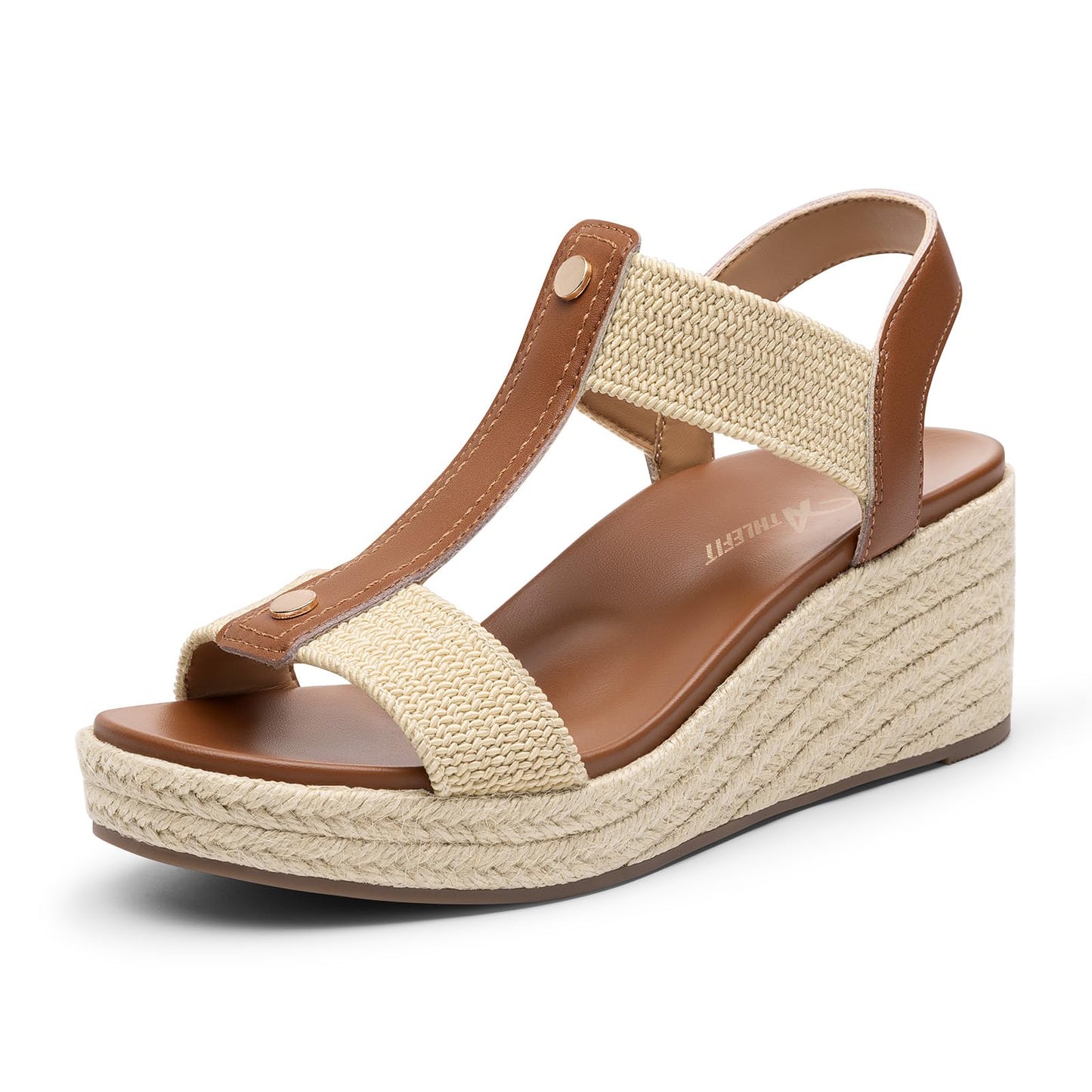 Athlefit Espadrille Wedge Sandals for Women Platform Comfortable Dressy Casual Open Toe Elastic Strap Brown Sandals with Arch Support for Summer Walking Size 8.5