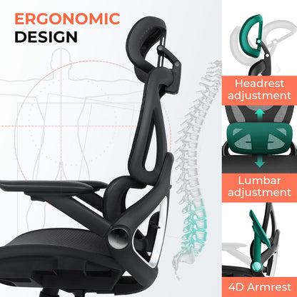 CAPOT Ergonomic Mesh Office Chair, Adjustable Lumbar High Back Desk Chair 400lbs, 4D Flip-up Arms, 3-Level Tilt Backrest, 3D Headrest, PU Wheels, Swivel Rolling Computer Seating for Long Desk Work