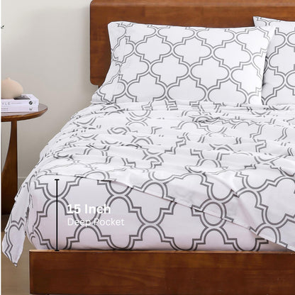 LANE LINEN 100% Organic Cotton Full Sheets Set Fully Elasticized Naturally Temperature Regulating Mercerized Cotton Printed Full Bedding & Pillowcases Set - Trellis