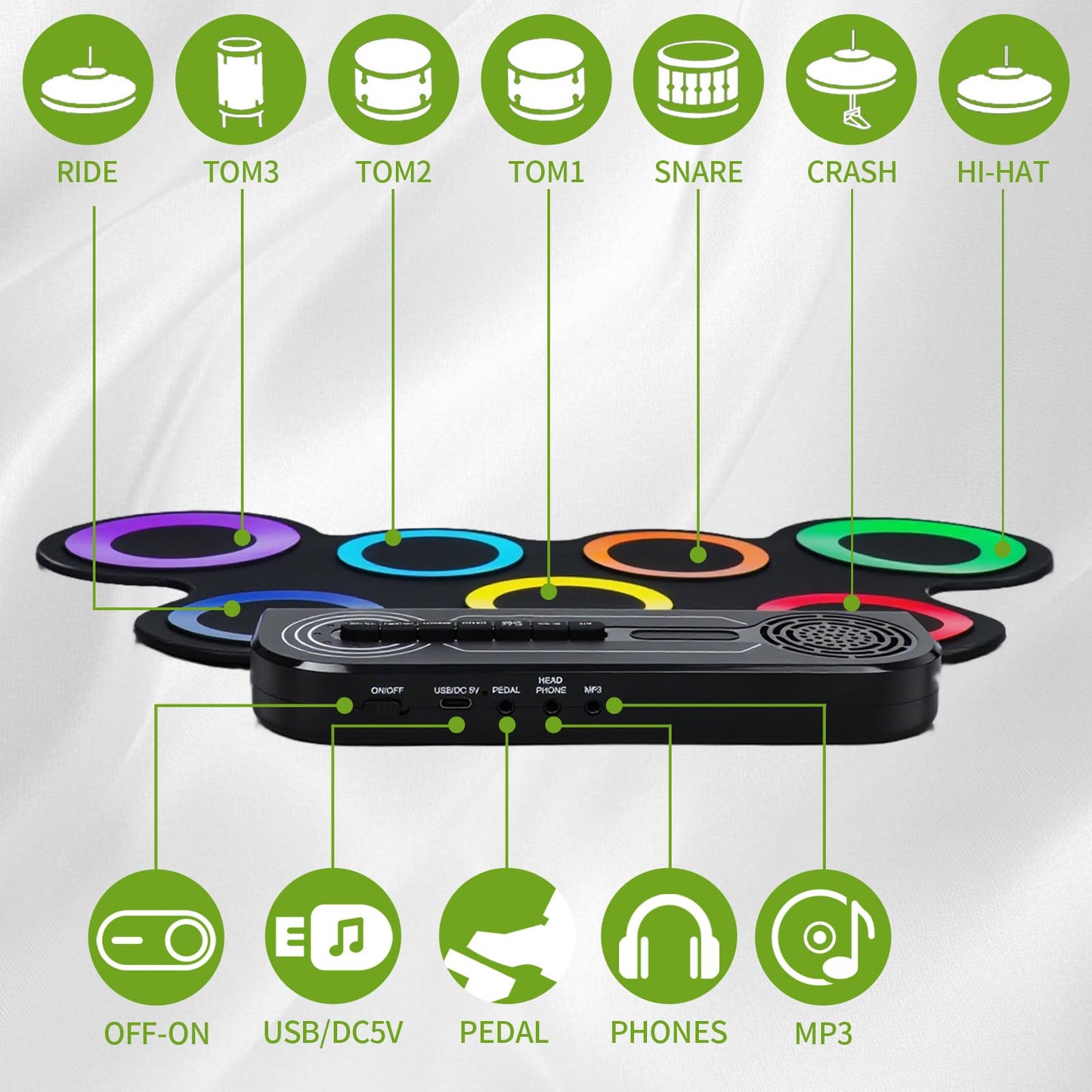 VerkTop Electric Drum Set Built-in Speaker, Kids Electronic Drum Practice Pad Kit, Portable Roll Up Drum Machine with 2 Foot Pedals, Drumsticks, Great Birthday Christmas Gifts for Girls Boys
