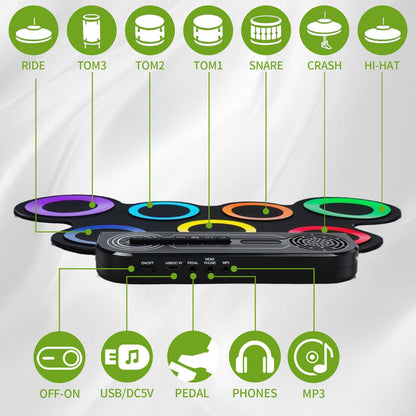 VerkTop Electric Drum Set Built-in Speaker, Kids Electronic Drum Practice Pad Kit, Portable Roll Up Drum Machine with 2 Foot Pedals, Drumsticks, Great Birthday Christmas Gifts for Girls Boys