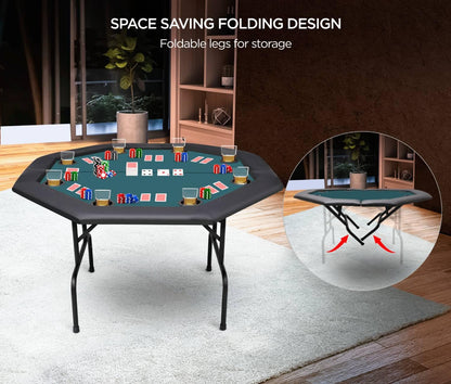 ZivPlay Poker Table Foldable 8 Player Octagon Texas Holdem Table with Folding Legs Casino Grade Felt Water Resistant Cushioned Armrest and 8 Cup Holders for Playing Card Game Gambling 48 Inch Green