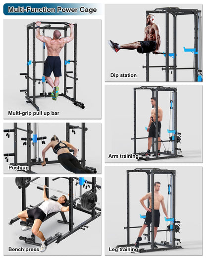 ULTRA FUEGO Power Cage, Multi-Functional Power Rack with J-Hooks, Dip Handles, Landmine Attachment and Optional Cable Pulley System for Home Gym (Power Cage with Pulley System)