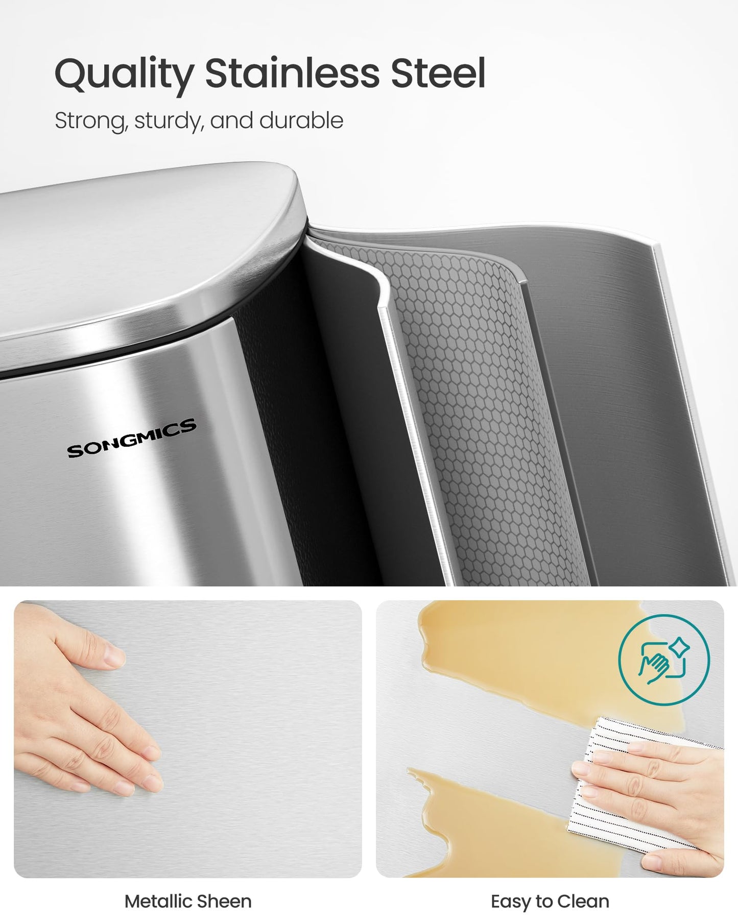 SONGMICS 13 Gallon (50 L) Trash Can, Stainless Steel Kitchen Garbage Can, Recycling or Waste Bin, Soft Close, Step-On Pedal, Removable Inner Bucket, Silver ULTB050E01