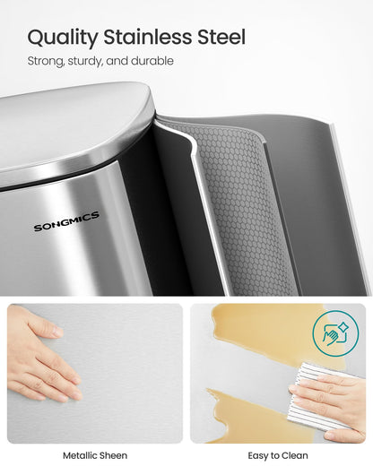 SONGMICS 13 Gallon (50 L) Trash Can, Stainless Steel Kitchen Garbage Can, Recycling or Waste Bin, Soft Close, Step-On Pedal, Removable Inner Bucket, Silver ULTB050E01