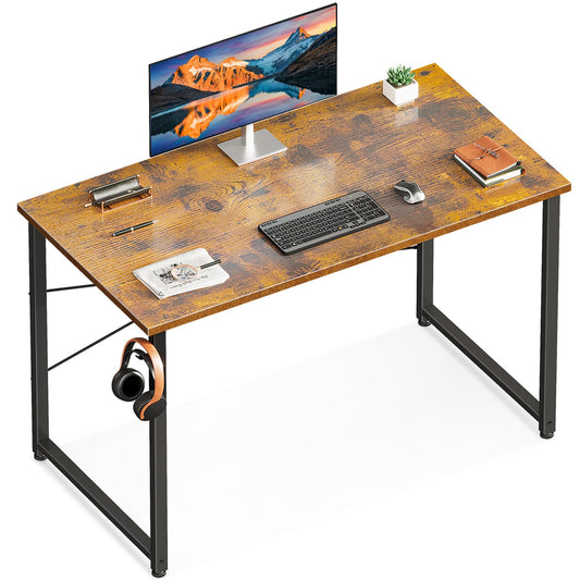 ODK 40 Inches Computer Desk for Home Office, Office Table for Small Spaces, Writing Desk with Headphone Hooks, Rustic Brown